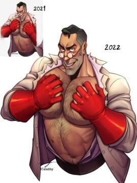 ai ai_animation ai_generated art_progression bara breasts comparison dilf egabbacc glasses hairy_chest himbo male male_focus male_only mature_male medic_(team_fortress_2) muscular muscular_chest muscular_male official_alternate_costume older_male pec_grab pec_grasp pec_squeeze pecs pectoral_grab pectorals ripped_clothing ripped_shirt solo_male tagme tatun_pop team_fortress_2 video yaoi yaoi_hands