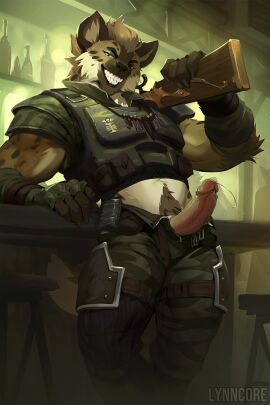 5_fingers alcohol anthro beverage bodily_fluids bottle bottomwear bulletproof_vest clothed clothing container digital_media_(artwork) erection fingers fur genital_fluids genitals gun hair hi_res holding_gun holding_object holding_ranged_weapon holding_rifle holding_weapon humanoid_genitalia humanoid_penis hyena leaking_precum looking_at_viewer lynncore male male_only mammal military_uniform pants penis precum precum_string ranged_weapon rifle shirt smile solo spotted_hyena standing tail teeth topwear unbuttoned_pants uniform vein veiny_penis weapon zipper zipper_down