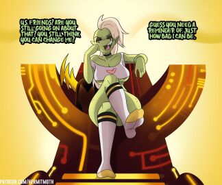 1girls breasts crossed_legs dialogue disney disney_channel disney_xd feet female female_focus female_only femdom foot_fetish footwear green_skin hermitmoth knee_socks kneehighs kneesocks legs_crossed looking_at_viewer lord_dominator partially_clothed revealing_clothes socks solo text toes_visible_through_clothing underboob villainess wander_over_yonder white_socks