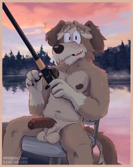 2024 anthro areola balls berchbark bluey_(series) bodily_fluids border canid canine canis chair claws cloud day detailed_background domestic_dog erection eyebrows fishing fishing_rod foreskin fur furniture genitals hair hi_res holding_object humanoid_genitalia humanoid_penis hunting_dog irish_wolfhound lake looking_at_viewer male mammal mature_anthro mature_male maynard_(bluey) navel nipples nude outside penis plant saggy_balls sighthound sitting smile solo sweat sweatdrop tan_border teeth text tree tuft uncircumcised url water