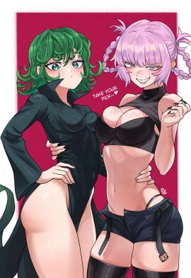 2d 2girls asymmetrical_docking belly belt black_belt black_dress black_nails black_shorts black_thighhighs blue_eyes blunt_bangs border breast_press breasts call_of_the_night cleavage clenched_teeth closed_mouth collared_dress colored_eyelashes commentary cowboy_shot crossover dot_mouth dress english_commentary english_text female female_only flipped_hair g-string green_eyes green_hair grin half-closed_eyes hand_on_another's_waist hand_up highres large_breasts legwear light-skinned_female light_skin loose_belt medium_breasts medium_hair multiple_females multiple_girls nanakusa_nazuna nanakusa_nazuna_(yofukashi_no_uta) navel one-punch_man painted_nails panty_straps pietheunusual pink_hair popped_collar pose red_background shorts side_slit small_breasts smile standing tatsumaki teeth text thick_eyebrows thighhighs thighs unusualpie v-shaped_eyebrows white_border wide_hips yofukashi_no_uta