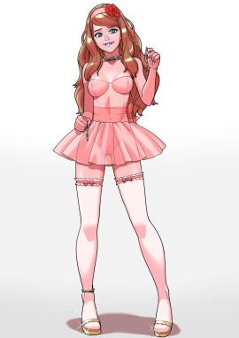 1girls abs ass_visible_through_thighs blue_eyes braces brown_hair choker cleavage clothed collar dress female female_focus female_only french_nails french_tip happy_female human lipstick long_fingernails long_hair long_nails makeup nail_polish naked_under_clothes open_toe_shoes original painted_fingernails painted_nails painted_toenails smiling solo standing stockings tammy_(tekuho) teenager tekuho thighhighs thong transparent_clothing transparent_dress without_panties