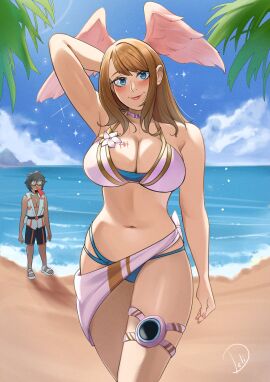 1boy 1girls blue_eyes breasts delicious_brain deliciousbra eunie_(xenoblade) female looking_at_viewer male nintendo swimsuit tagme taion_(xenoblade) tomboyish wings wings_on_head xenoblade_(series) xenoblade_chronicles_3