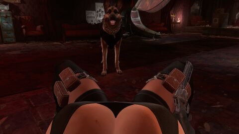 3d 3d_model ass backview big_ass big_breasts breasts dogmeat fallout fallout_4 female female_pov glasses leather nora_(fallout_4) pov screenshot sideboob