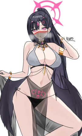 1girls belly_dancer blue_archive breasts dancer female female_only heart-shaped_pupils ichika_(blue_archive) kurogami_fuyuki large_breasts loincloth looking_at_viewer pink_eyes pubic_tattoo solo veil voluptuous