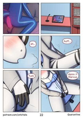 5_fingers absurd_res amphibian anthro ass axolotl balls biped black_eyes black_stripes blue_background blue_body blue_stripes blush bodily_fluids breasts brown_body camel_toe cameltoe capybara caviid chair clothed clothing coat comic condom electronics english_text equid equine erection female fin fingers fish furniture genital_fluids genitals glowing glowing_genitalia glowing_penis hair hi_res hybrid imminent_sex labcoat male mammal marcus_(orbitalis) marine markings microphone mole_salamander multicolored_body multicolored_hair mya_(orbitalis) navel nude one-piece_swimsuit orbitalis penis pussy quarantine rodent salamander sexual_barrier_device shark simple_background speech_bubble striped_body striped_hair stripes swimwear table tail text topwear two-tone_body two-tone_hair url vaginal_fluids water white_body zebra