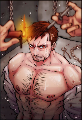 2boys abs after_orgasm arms_behind_back bara beard_stubble beefy big_areola blood_on_clothing blood_on_ground blood_on_wall blood_stain blurry_foreground breasts brown_hair bukkake candle candle_wax chains chest_hair clamp collarbone cum cum_on_body cum_on_breasts cum_on_face cum_on_hair cum_on_upper_body duo eyelashes frown gritted_teeth hairy helpless holding_object humiliation hunk imminent_torture looking_at_viewer looking_up male male/male male_only masculine_male mature_male middle_aged muscles muscular muscular_male nagori2258 open_clothes original original_character pecs red_eyes restrained semen short_hair sitting six_pack stare syringe thick_neck topless torture_chamber tough_guy v-shaped_eyebrows white_shirt yaoi