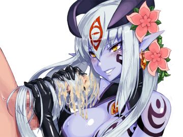 1boy alipheese_fateburn_xvi balls black_gloves black_shirt blush bmp-to-png_conversion breast_tattoo breasts censored cleavage cleavage_cutout clothed_female_nude_male clothing_cutout colored_skin cum cum_on_hair earrings elbow_gloves erection excessive_cum eye_tattoo facial_tattoo female flower full_body game_cg gloves grin hair_between_eyes hair_flower hair_ornament hair_tattoo hairjob halter_shirt halterneck handjob horns jewelry kenkou_cross large_breasts long_hair looking_at_another luka_(mon-musu_quest!) male mon-musu_quest! monster_girl mosaic_censoring non-web_source nude penis plant pointy_ears purple_skin shirt shoulder_tattoo simple_background single_earring slit_pupils smile solo_focus straight sweat tattoo testicles transparent_background two-handed_handjob upper_body very_long_hair vines white_hair yellow_eyes