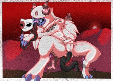 absol all_the_way_through anus black_cum black_eyes black_tentacles blue_anus blue_body blue_skin blue_vulva blush bodily_fluids bulge claws colored_cum cracked_horn creepy creepy_face cum disturbed eyelashes female feral fluffy fur generation_3_pokemon genital_fluids genitals glowing glowing_genitalia grass hi_res horn horror_(theme) infection lewd_lorraine lorraine_(absol) mask moon mountain nintendo oral oral_penetration penetration plant pokemon pokemon_(species) pussy red_background red_glow red_moon scales scary sex shaking simple_background smile solo spikes tail tears tentacle tentacle_penetration tentacle_sex under_control unusual_bodily_fluids unusual_cum unusual_genital_fluids vaginal_penetration vulva watermark white_body white_fur