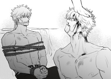 blood_on_face bound bound_wrists canomang gag gagged gay gintama gintoki_sakata hand_on_another's_head male male_only malesub monochrome muscular muscular_male nosebleed restrained reverse_ryona rope rope_bondage solo_focus topless topless_male yaoi