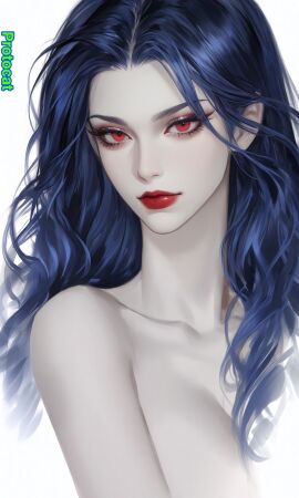 1girls ai_generated blue_hair lipstick long_hair makeup nude red_eyes upper_body
