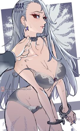 1girls 2024 atlus blush bondage bow bow_bra bow_panties bra bra_strap_slip breasts butterfly_earrings cleavage clothing collar ear_piercing earrings female female_focus femsub grey_hair hair_ornament hairclip handcuffs highres large_breasts legs_together light-skinned_female light_skin lingerie long_hair looking_at_viewer matching_underwear panties persona persona_5 poechan red_eyes sae_niijima strap_slip sweat wide_hips