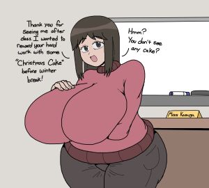 1girls aged_up azumanga_daiou big_breasts breasts brown_eyes brown_hair chalkboard clothed_female english_text female huge_breasts light-skinned_female light_skin milf osaka_ayumu_kasuga poopishness solo solo_female sweater teacher text thick_thighs thighs