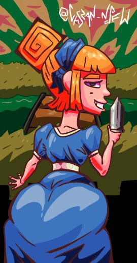 ass ass_focus big_ass chszan_chan clash_(series) clash_royale clothed clothed_female clothing dagger_duchess_(clash_royale) dress female female_only fully_clothed fully_clothed_female looking_at_viewer looking_back looking_back_at_viewer safe_for_work smile smiling solo solo_female supercell