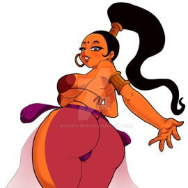 aladdin aladdin_(1992_disney_film) ass belly_dancer belly_dancer_outfit black_hair breasts cleavage dancer dancer_outfit dark-skinned_female dark_skin female harem_girl harem_girls_(aladdin) harem_outfit jewelry large_breasts loincloth makeup miyako-noh ponytail sideboob strapless tan_body tan_skin watermark