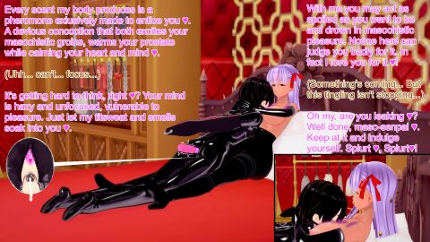 1boy 1girls 3d admiralobp anal_insertion armbinder armpit_hair arms_behind_back bb_(fate) bb_(swimsuit_mooncancer) between_breasts blush bondage bondage_gear breasts caption chastity chastity_cage chastity_device chest consensual cum cum_drip cum_in_chastity cum_pool cum_puddle dialogue dildo dildo_in_ass excessive_cum fate/grand_order fate_(series) female femdom fujimaru_ritsuka_(male) gudao koikatsu latex latex_clothing latex_suit male monoglove musk pheromones prostate_stimulation rubber sex_toy smell submissive_male sweat sweating tattoo tied_hands tramp_stamp trembling valeriusspero