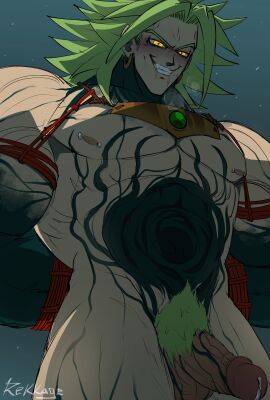 1boy absurdres alternate_universe arms_behind_back bahnloopi balls blush bondage bound broly broly_(dragon_ball_super) colored_skin completely_nude dragon_ball dragon_ball_z drooling earrings english_commentary erection fangs green_hair green_skin grin heavy_breathing highres hole_in_stomach hoop_earrings jewelry legendary_super_saiyan looking_at_viewer male male_focus male_only male_pubic_hair medium_hair multicolored_skin muscular muscular_male nipple_piercing nipples nude pectorals penis piercing precum pubic_hair red_rope rekkage rope signature smile solo solo_male spiked_hair super_saiyan testicles twitter_username two-tone_skin yaoi yellow_eyes