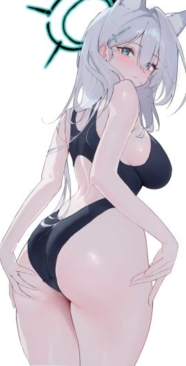 1girls absurdres abydos_high_school_student animal_ear_fluff animal_ears ass back bare_arms bare_shoulders black_one-piece_swimsuit blue_archive blue_eyes blush breasts closed_mouth commentary_request competition_swimsuit cowboy_shot cross_hair_ornament female foreclosure_task_force_(blue_archive) from_behind grabbing_own_ass grey_hair hair_ornament halo hand_on_own_ass highres i_ly large_breasts looking_at_viewer mismatched_pupils multi_ear official_alternate_costume one-piece_swimsuit self_cosplay shiroko_(blue_archive) shiroko_(swimsuit)_(blue_archive) shiroko_(terror)_(blue_archive) simple_background solo standing swimsuit wolf_ears