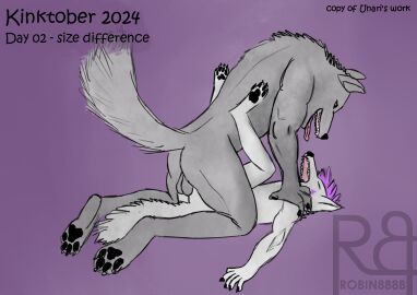 anal anal_sex anthro canid canine canis duo fur grey_body grey_fur hair hi_res kinktober kinktober_2024 male male/male mammal mythological_canine mythological_creature mythology penetration purple_hair ravenspart robin888b size_difference werewolf white_body white_fur wolf