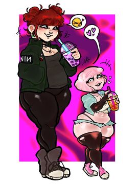 2girls bangs blue_eyes bob_cut bobba_tea choker chubby chubby_female female hotpants incwhoreporated jeans jill_(disturbedmonkey) jill_(fonkimonki) latex latex_armwear latex_gloves latex_legwear latex_stockings latex_thighhighs multiple_females multiple_girls pink_hair shorts shortstack tank_top tanktop thighhighs thong tight_clothes tight_clothing voluptuous