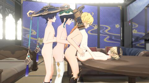 3d 4boys aether_(genshin_impact) anal anal_sex foursome freminet_(genshin_impact) from_behind gay genshin_impact indoors male male/male male_only on_back pine_nsfw scaramouche_(genshin_impact) venti_(genshin_impact) yaoi