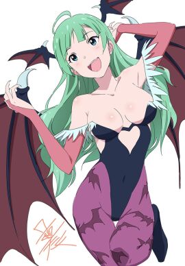 1girls :d ahoge animal_print bare_shoulders bat_print bat_wings black_leotard blue_eyes blush breasts bridal_gauntlets cleavage clothing_cutout collarbone cosplay covered_navel darkstalkers demon demon_girl fangs female female_only green_hair head_wings heart_cutout highres idolmaster idolmaster_million_live! leotard long_hair looking_at_viewer medium_breasts morrigan_aensland morrigan_aensland_(cosplay) open_mouth pantyhose print_pantyhose purple_pantyhose purple_wings shimabara_elena signature simple_background smile solo standing standing_on_one_leg taku1122 teeth thigh_gap upper_teeth vampire_(game) white_background wings