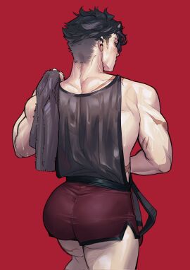 1boy ass back back_muscles back_view big_ass big_ass_(male) big_butt big_butt_(male) black_hair black_sleeveless_shirt black_tank_top bubble_ass bubble_butt burgundy_shorts clothed clothing ear_piercing gay genshin_impact gym_shorts hi_res highres human human_only light-skinned_male light_skin looking_at_viewer looking_back male male_focus male_only muscles muscular muscular_back muscular_male muscular_thighs red_background red_shorts round_ass round_butt scar_on_thigh scars scars_all_over scars_on_arm scars_on_back shorts simple_background sleeveless_shirt solo solo_focus solo_male sweat sweatdrop tank_top thick_ass thick_thighs towel towel_on_shoulder wallyandpeeps wriothesley_(genshin_impact)