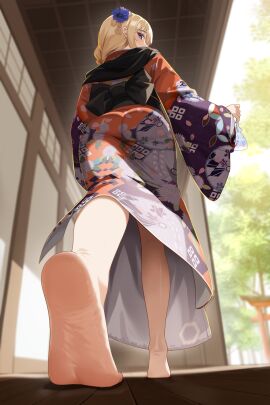 absurdres ass barefoot black_sash blonde_hair blue_eyes blurry blurry_background day feet female foreshortening from_below full_body gher5 girls'_frontline hair_ornament hair_over_shoulder heel_up highres holding indoors japanese_clothes kimono kneepits lens_flare long_hair looking_back mg3_(girls'_frontline) no_shoes obi obijime print_kimono purple_kimono red_kimono sash sidelocks soles solo torii wide_sleeves