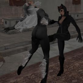 2girls 3d alstair2 batman:_arkham_city batman_(series) black_cat_(marvel) black_cat_(marvel_heroes) catwoman catwoman_(arkham) catwoman_(arkham_city) cooch crossover crotch cuntbusting dc dc_comics felicia_hardy female female_only human human_only lowblow marvel marvel_comics marvel_heroes no_bra selina_kyle spider-man_(series) unzipped unzipped_bodysuit