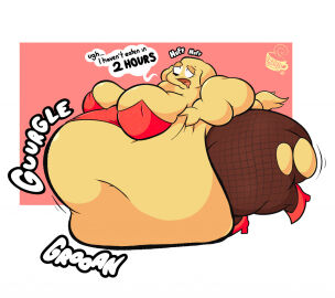 1girls anthro ass bbw belly belly_on_ground belly_overhang breasts bunny canid canine canis dogbunny domestic_dog drool drooling english_text facelesskiwami fat fatfur female female_focus female_only fishnet_legwear fishnets furry grabbing_belly hips hyper hyper_belly lagomorph large_ass large_breasts obese obese_female overweight overweight_female rabbit ripped_fishnets stomach text thick_thighs thighs weight_gain wide_hips yellow_fur