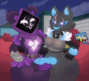 2futas adventure_peely animated anthro bear city city_background detailed_background duo epic_games female fortnite futanari hi_res highwire intersex intersex/intersex lil_split male pack_leader_highwire peely plant raven_team_leader short_playtime shrub spying thick_thighs wide_hips zolnix