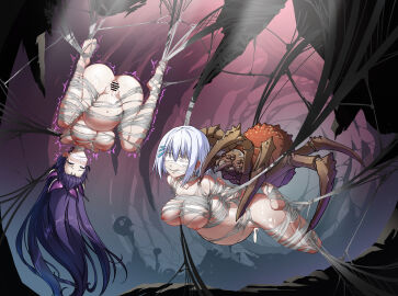 2girls absurdres animal arachnophilia bar_censor big_belly big_breasts blindfold blue_eyes breasts bug cave censored completely_nude date_a_live egg_implantation female femsub gag gagged highres insectophilia large_breasts long_hair multiple_females multiple_girls multiple_pregnancies multiple_subs nipples nude oversized_animal oviposition pregnant purple_hair pussy restrained rolling_eyes shaking short_hair silk spider spider_web suspended suspension suspension_bondage tobiichi_origami trembling twitching upside-down web web_address web_bondage white_hair yatogami_tohka yukumo_no_ki zoophilia