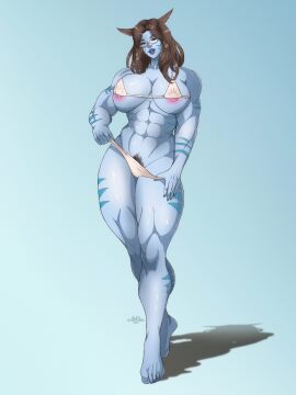 1girls abs alexcherubic barefoot big_breasts bikini black_hair blue_skin breasts commission female female_only glasses long_hair muscles muscular muscular_female purple_eyes thick_thighs