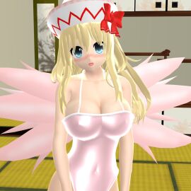 1girls 2023 3d belly_button blonde-haired_female blue_eyes blush breasts cleavage fairy fairy_wings female hati_yukkuri_mmd indoors inside light-skinned_female light_skin lily_white long-haired_female looking_at_viewer mikumikudance mmd perfect_cherry_blossom pink_swimsuit red_ribbon solo_female solo_focus swimsuit touhou white_headwear wings
