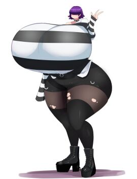 1girls ass bangs bangs_over_eyes big_ass big_breasts breasts fat_ass female female_focus female_only fully_clothed giant_ass giant_breasts gigantic_breasts gigantic_penis goth goth_girl heels high_heels huge_ass huge_breasts hyper hyper_ass hyper_breasts male massive_breasts moimoikha peace_sign penis platform_heels purple_hair round_ass round_breasts smile solo thick_ass