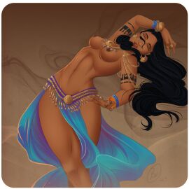 1girls belly_dancer belly_dancer_outfit black_hair boobs bracelet breasts chain_jewelry closed_eyes dancer dancer_outfit dancing dark-skinned_female dark_skin female female_only harem_girl harem_outfit large_breasts lavahanje loincloth long_hair original original_character solo solo_female tattooed_arm topless