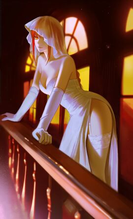 1girls 2d 2d_(artwork) bare_shoulders bob_cut bride bride_veil chainsaw_man child_bearing_hips cleavage collarbone exposed_thighs female gloves glowing_eyes hat high_quality leaning_forward lingerie long_gloves long_hair long_legs looking_at_viewer makima_(chainsaw_man) marriage mymzi_(mymzidraws) night red_hair slim_waist stockings tagme thighhighs thighs veil white_body white_dress white_gloves white_legwear wide_hips wife yellow_eyes