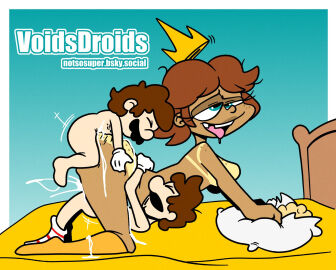 1girls 2boys all_fours anal anal_sex bed bedroom blue_eyes breasts brown_hair closed_eyes crown cum cum_in_anus cum_in_pussy cumdrip dark-skinned_female dark_skin doggy_style ejaculation facial_hair female freckles gloves height_difference human human_on_human human_on_humanoid humanoid indoors larger_female larger_male light-skinned_male light_skin luigi lying_on_back male male/female mario mario_(series) mature mature_female mature_male mmf_threesome moustache nintendo nude nude_female nude_male open_mouth orange_bed orgasm orgasm_face pillow princess princess_daisy pussy royalty sex shorter_male size_difference smaller_male socks straight straight_sex taller_female taller_male tan_skin threesome tongue tongue_out voidsdroids white_gloves