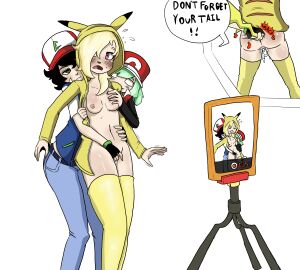 3girls anal_plug ash_ketchum_(cosplay) blonde_hair buttplug buttplug_tail chelsea_watson_emily commission cosplay cute_face dating dyed_hair female fingering flat_chest flat_chested green_eyes green_hair heterochromia lesbian luna_emily oc ocs original pikachu_(cosplay) pokemon recording red_(cosplay) red_(pokemon) smirk teasing yuri