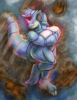 1girls 2025 2d 2d_(artwork) 2d_artwork anthro areolae blue_skin breasts claws color crush destruction female furry furry_female game_freak generation_1_pokemon giant_female giantess gigantic_breasts gigantification glowing glowing_eyes large_breasts laying_down laying_on_back macro macro_anthro macro_female mammal nidoqueen nintendo nipples pink_eyes pokemon rampage smile tail thick_tail thighs tyrnn video_games