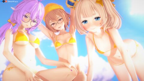 3d 3girls armpits arms_up ass beach bikini blonde_hair blue_eyes blue_sky bow_ribbon breasts brown_eyes brown_hair clio_aite cloud crown eepy_sleepy female female_only flat_chest glasses gold_bikini height_difference large_breasts legs looking_at_viewer looking_down marimari_en on_knees open_mouth outside phase_connect phase_invaders_quest pointy_ears purple_eyes purple_hair ribbon scar short_hair sidelocks small_breasts smile spamkaju thick thick_thighs thighs trio twintails virtual_youtuber vtuber