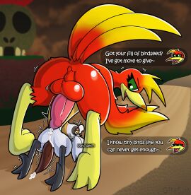 absurd_res anal anus ass avian balls banjo-kazooie beak bird bodily_fluids breegull cockatoo cum cum_in_ass cum_inside cum_on_ass cum_on_butt duo feet feral genital_fluids genitals hi_res kazooie male male/male male_only otterjunk parrot penis rareware rear_view robin_(otterjunk) rule_63 shaking size_difference speech_bubble talons teasing text toes trembling wings