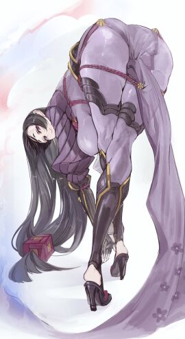 absurdres ass black_hair bodysuit breasts crossed_legs ebichannoshippo fate/grand_order fate_(series) female high_heels highres long_hair long_legs looking_at_viewer minamoto_no_raikou_(fate) purple_bodysuit purple_eyes simple_background smile very_long_hair white_background