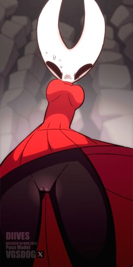 2025 animated anthro arthropod biped black_body black_eyes blush bodily_fluids bottomless cape clothed clothing detailed_background diives female genitals hi_res hollow_eyes hollow_knight hollow_knight_(franchise) hornet_(hollow_knight) looking_at_viewer low-angle_view narrowed_eyes pussy solo sweat swirl team_cherry vulva white_body