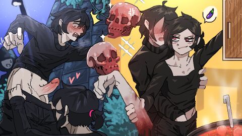 1girls 2boys 2d andrew_graves arm ashley_graves black_hair blush breasts brother_and_sister caught clothed female gore groping groping_breast groping_from_behind hand_in_pants incest male outdoors pants_down penis pink_eyes ponytail pulling_down_pants red_eyes siblings the_coffin_of_andy_and_leyley xlonkx