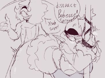 1boy 1girls ass big_ass big_breasts blush bobette_(dandy's_world) breasts chubby_female dandy's_world female hands_tied male miray sprout_(dandy's_world) tongue tongue_out twisted_bobette_(dandy's_world)