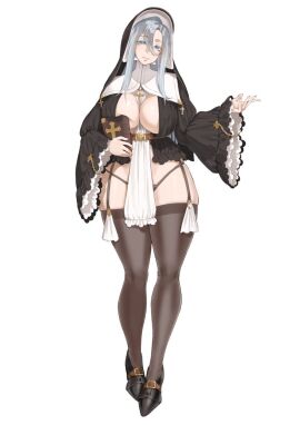 belt belt_buckle between_breasts bible_(object) blue_eyes book breasts brown_belt brown_footwear brown_panties brown_thighhighs buckle center_opening cleavage clothes_between_breasts coif commentary cross cross_necklace female female_only garter_straps grey_hair habit hand_up heredia_(throtem) highres holding holding_book huge_breasts jewelry latin_cross light_smile long_hair looking_at_viewer mature_female necklace nun original panties parted_lips pelvic_curtain revealing_clothes second-party_source shoe_buckle simple_background solo standing string_panties tareme thick_thighs thighhighs thighs thong throtem underwear veil white_background wide_hips wimple