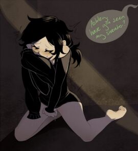 ashley_graves barefoot black_hair blush closed_eyes english_text female masturbation short_twintails sniffing_clothes solo speech_bubble the_coffin_of_andy_and_leyley thought_bubble twintails