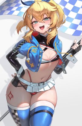 1boy 1girls :d absurdres alternate_costume androgyne_symbol black_gloves blonde_hair blue_eyes blue_jacket blue_thighhighs blush bridget checkered_flag commission elbow_gloves female femboy fingerless_gloves flag gloves guilty_gear guilty_gear_strive hakusyokuto highres holding holding_flag jacket latex logo long_sleeves looking_at_viewer male male_focus mars_symbol midriff miniskirt open_mouth ponytail race_queen shiny_clothes shiny_gloves short_hair simple_background skeb_commission skirt smile solo stomach sweat thick_thighs thigh_strap thighhighs thighs thong trans trans_woman transfem transgender transgender_woman trap white_background white_skirt