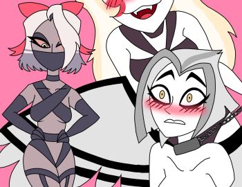 angel blonde_hair blush breasts chained chains charlie_morningstar_(hazbin_hotel) clothed clothing collar demon erisjoy female female/female female_only grey_skin hair halo hazbin_hotel horns imminent_sex lute_(hazbin_hotel) partially_clothed saliva scar sweat teeth tongue trio vaggie_(hazbin_hotel) vivienne_medrano white_background white_hair wings yellow_eyes yuri